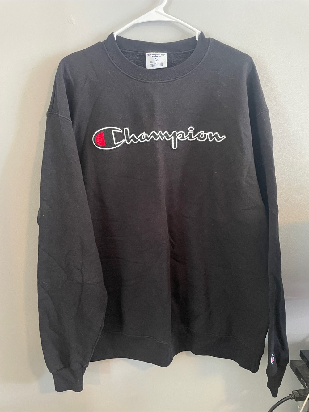 Champion Black Crewneck Sweatshirt with Red Logo Accent